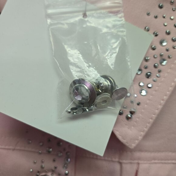 Quacker Factory Pink Rhinestone Embellished Sleeveless Button Up Shirt Large Art - Picture 8 of 12